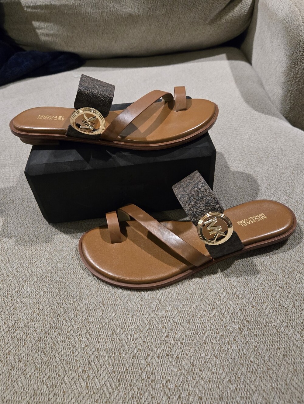 Michael Kors Tan Brown Leather Sandal with Gold MK Logo